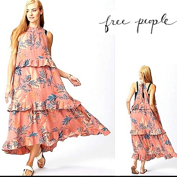 Free People BOHO printed pink blue floral Anita maxi sundress sleeveless. XS 4 6 - Picture 2 of 12